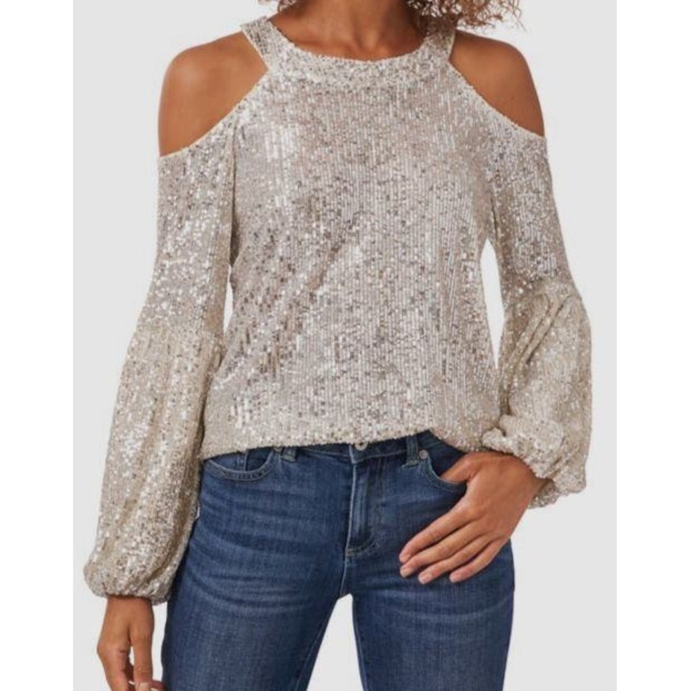 CeCe Women Champagne Gold Sequin Cold Shoulder Balloon Sleeve Blouse Small